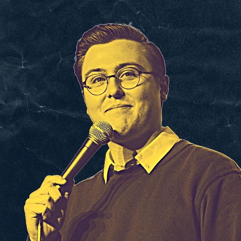 Comedian Peter James, colorised with a yellow wash against a dark green background.