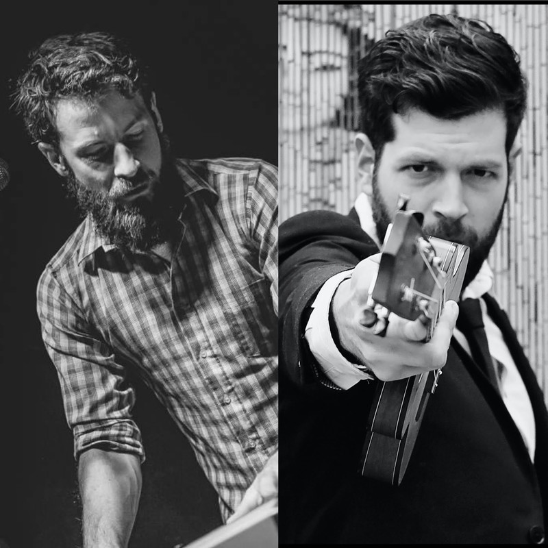 A black and white image is split in half from top to bottom. The left hand side is a photo of a man with short dark wavy hair and a beard, he wears a fitted checked shirt and is looking down. The right hand side is a photo of a man staring down the barrel of the camera pointing a ukulele like a gun at the camera. He wears a black suit jacket, white shirt and black tie.
