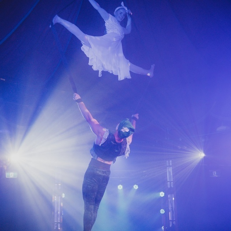 Wendy and Peter Pan are performing Aerial in the Wonderland Spiegeltent.