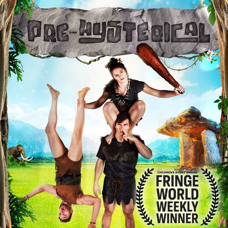 Three acrobats in cave man outfits pose in front of a green grass field. A female acrobat is holding a male acrobat by his feet, whilst picking her nose and squatting on the shoulders of another male acrobat.
