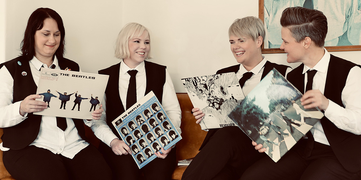 A Hard Day's Night with The LadyBeatles - Four Lady Bealtes with a drum kit ready to rock and roll!