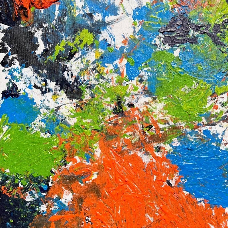 'Demolishing the Oats' by Oliver Mills - An abstract painting with irregularly shaped areas of blue, black, green and orange on a white canvas. The application of paint is visible giving the composition movement. The paint is thicker in some areas making it appear raised on the surface.