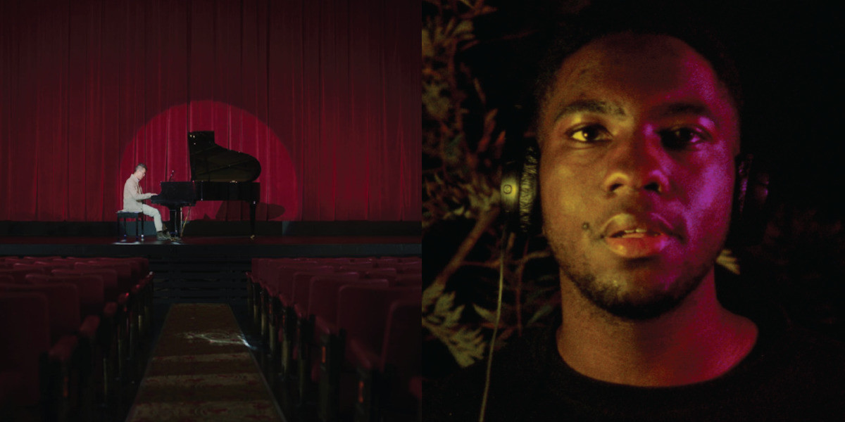 Two square images. The first, someone playing piano on a stage in front of red curtain lit by a spotlight. The second, a man listening to music with headphones in colourful yellow and purple lighting.