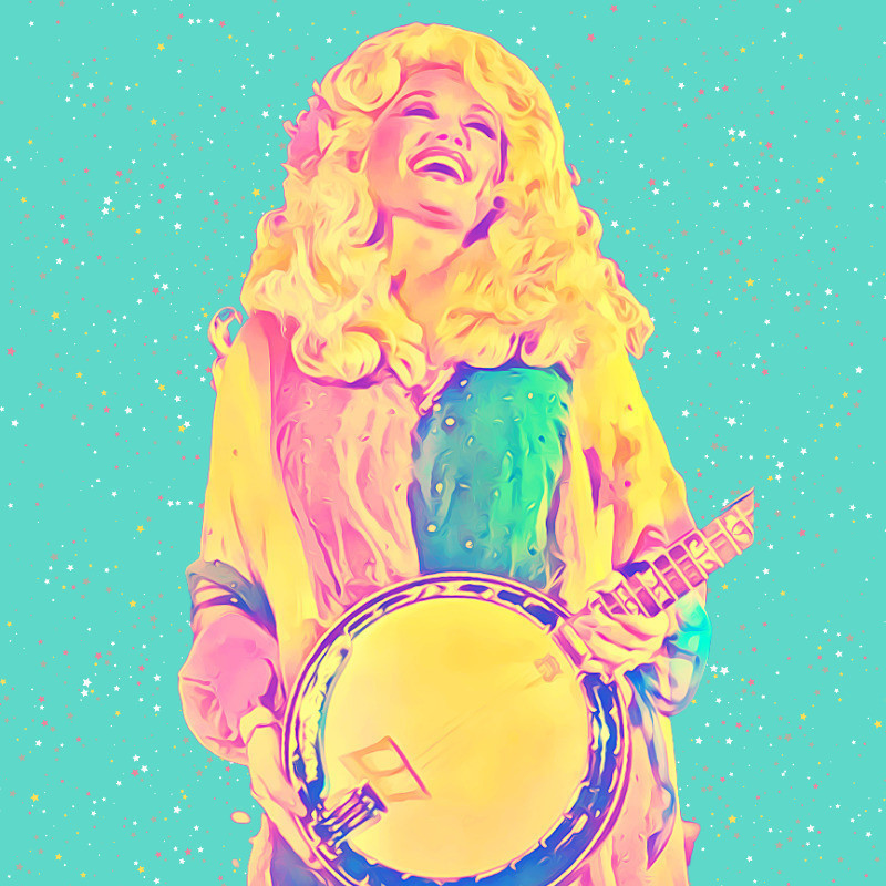 Dolly Parton Dance Party - Dolly Parton, drawn in bright colours, holding a banjo and laughing.