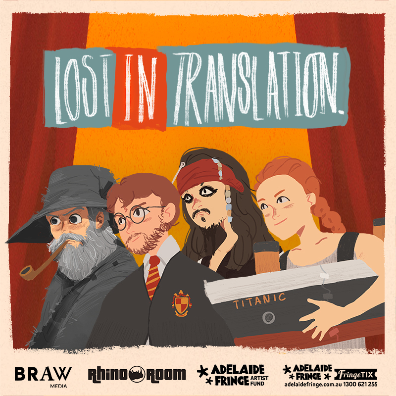 Lost in Translation - A cartoon of four people dressed in costumes from the films: Gandalf, Harry Potter, Pirates of the Caribbean and Titanic