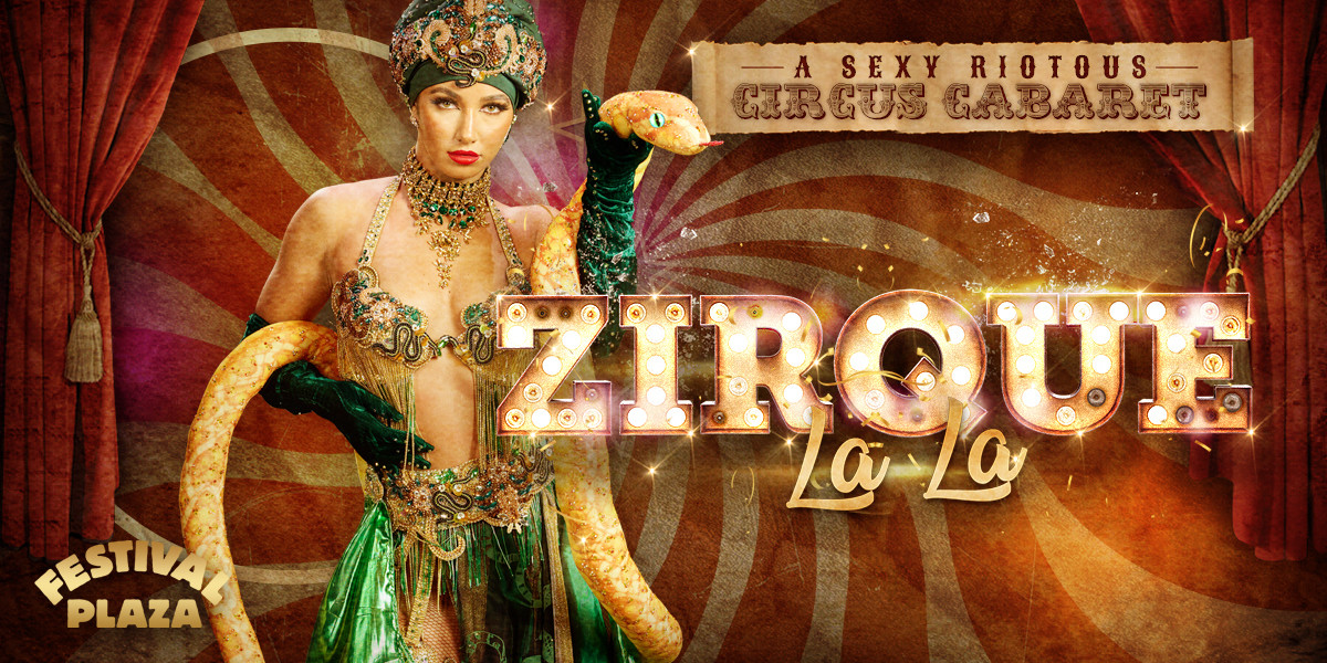 A golden woman, dressed in green standing in front of a circus tent background with the words Zirque La La