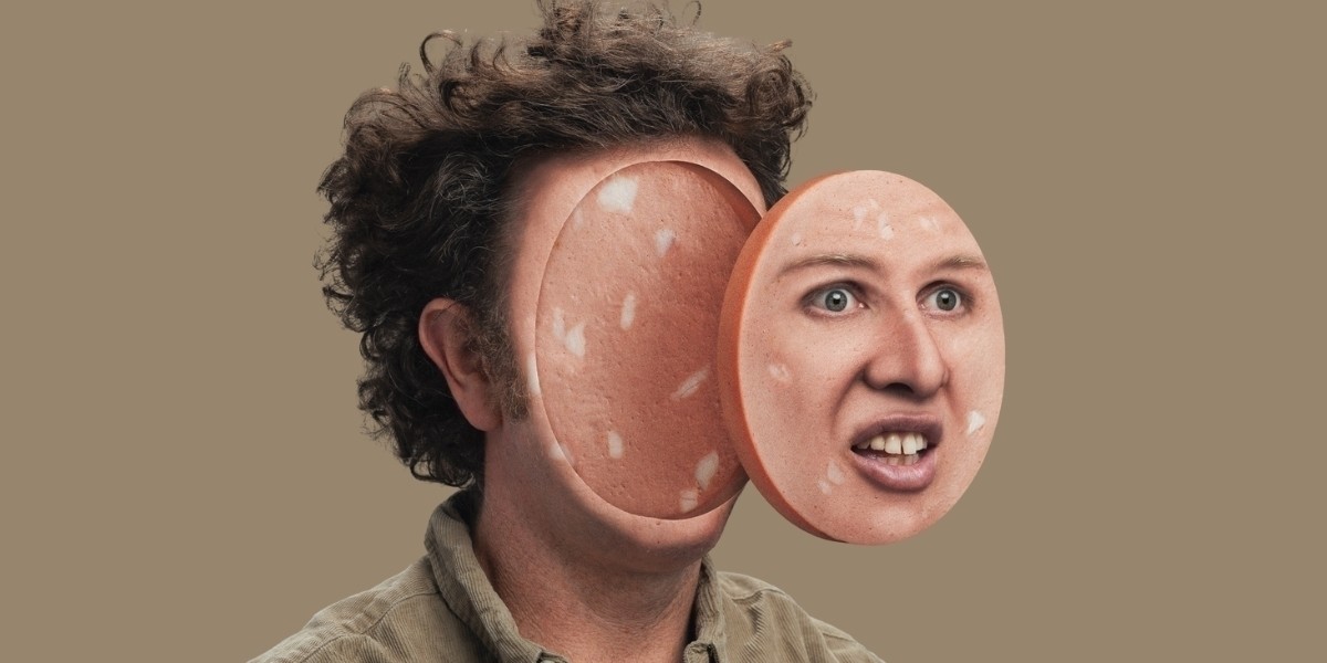 Nick Capper | Meat Oblong - a man's face lifts off his head, revealing processed meat beneath.