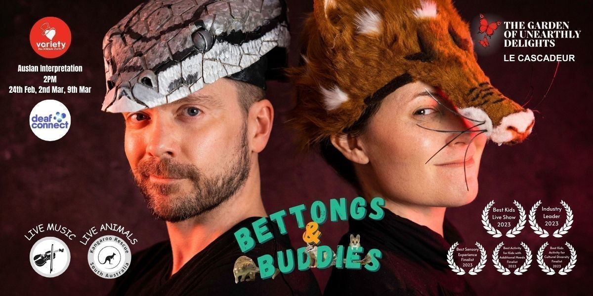 SA & NT What's on 4 Kids "Best Kids Live Show" award winning play of 'Bettongs & Buddies' starring Rufous, a young Bettong, male actor Curtis Shipley, and other Australian bush animals like a Quoll, Gigi Pinwill. 
Join young bettong, Rufous, a wannabe violinist, on his hilarious journey through the bush where he encounters other native animals who teach him, and the audience, what it means to be a critical member of his ecosystem. Each new animal friend Rufous meets on his adventure gives him a gift which, when put together at the end of the show, forms one very special surprise that will strike a chord!