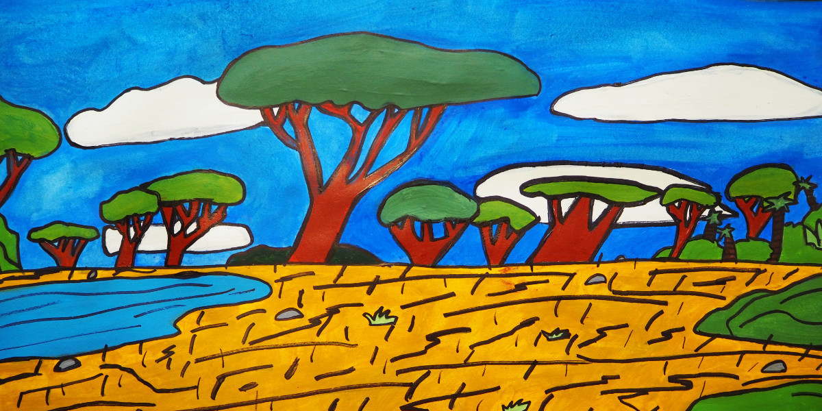 A stylised painting of an African landscape. The foreground is dark yellow sand with a blue waterhole on the left hand side. On the horizon is a line of trees going across the page and varying in size. The sky is bright blue with white clouds and everything has been outlined in thick black marker.