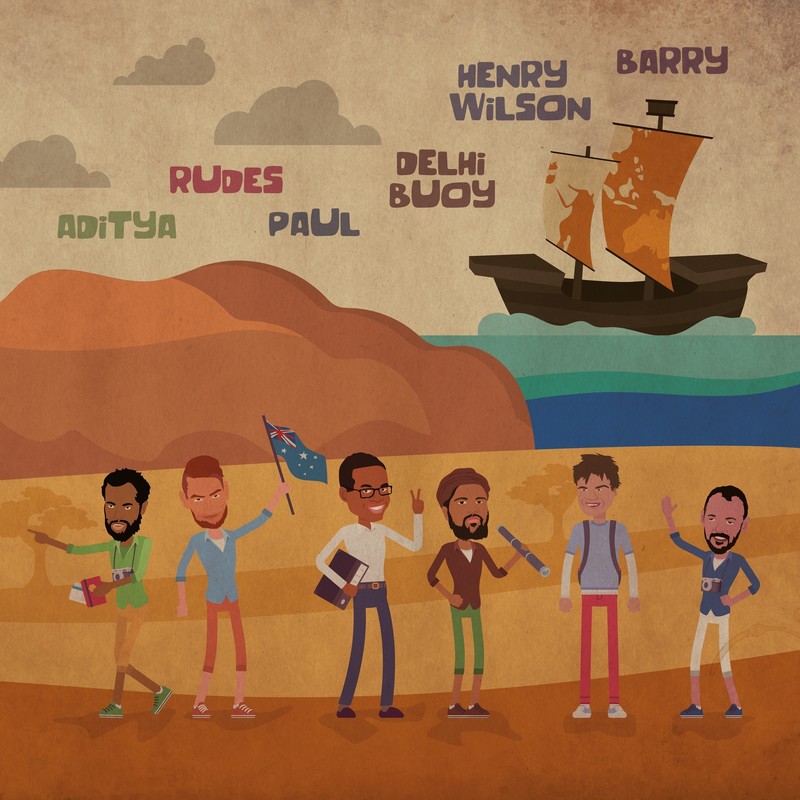 Boats and Bogans - A graphic image of six men standing in a desert in the forefront of the image. the background of the image features a wooden boat floating in the ocean. The text written across the top of the image reads, ‘Aditya’, ‘Rudes’, ‘Paul’, ‘Delhi Buoy’, ‘Henry Wilson’ and ‘Barry’ in bubble font.