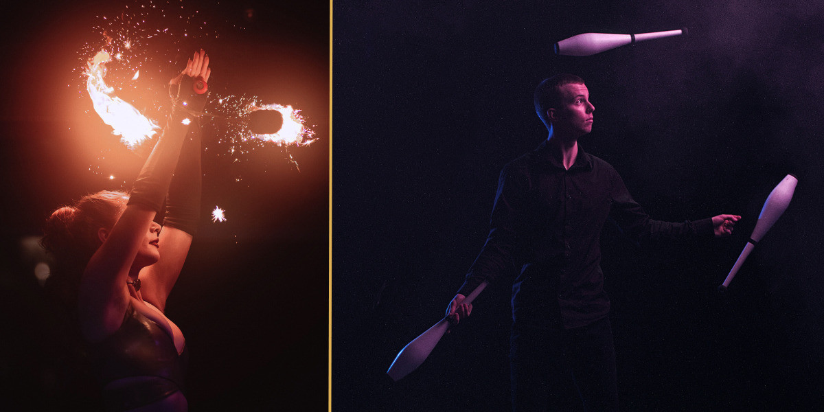 One female artist spins fire. One man juggles pins.
