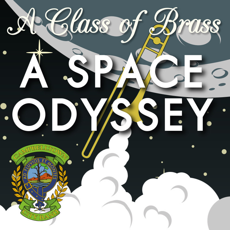A trombone blasts into space, with the words "A Class of Brass" and "Space Odyssey" over the top of it