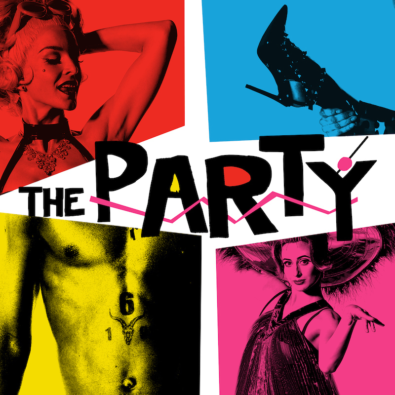 Four seperate images of a woman, a higheeled shoe, a shirtless male torso and a woman wearing a feathered hat. Across the front in large font reads "The Party"