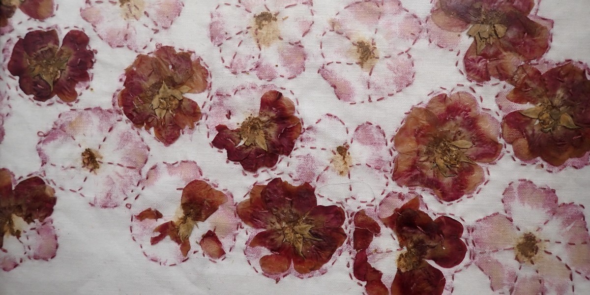 Roses are Red - textile art pressed roses on cloth with embroidery