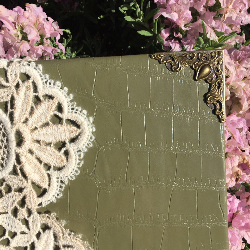 The Dark Side of Parkside - An elegant looking old fashioned journal with an ornate cover of lace and metal filigree on the corners. It is lying on a surface decorated with small pink flowers.