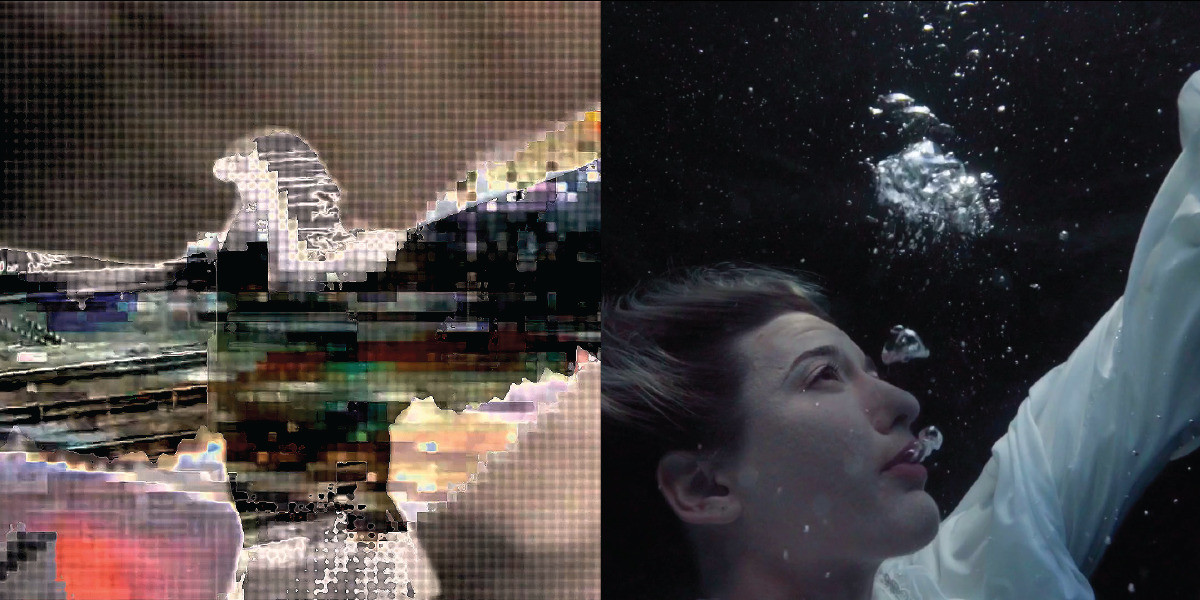 Two square images. The first, a highly stylised and pixelated image of a flying bird. The second, a woman in a white dress underwater, large bubbles float up from her mouth.