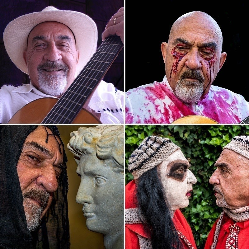 A collage of four photos. The top left corner features a headshot photo of a guy smiling. He is wearing a white hat and white shirt and is holding a brown guitar across his body. The bottom left corner is a close up image of a man’s face wearing a black hood next to a stone statue of a person's face. The top right corner is an image of a man playing an acoustic guitar. He is wearing a white shirt stained with blood and has blood dripping from under his eyes. The bottom right corner shows two people looking at each other, the person on the left has long black hair and their face is covered with white face paint with black circles around their eyes.