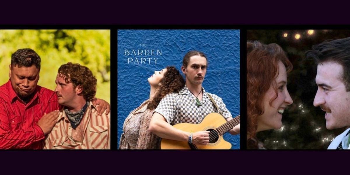 From left to right. First image: Wiremu Tuhiwai in a garden, comforting Caleb James as Don Pedro and a distressed Claudio in Much Ado About Nothing. Both men are wearing reddish cowboy shirts. Second Image: Blue wall background, Mackenzie Gardner leans her head contently on the shoulder of Ollie Howlett as the title characters of Romeo and Juliet. Ollie plays the guitar. Third and final image: Laura Irish and Sam McIlroy face each other excitedly with a background of trees and fairy lights as Hermia and Lysander in A Midsummer Night's Dream. These are the 6 actors of The Barden Party presenting all 3 shows in Shakespeare Roulette.