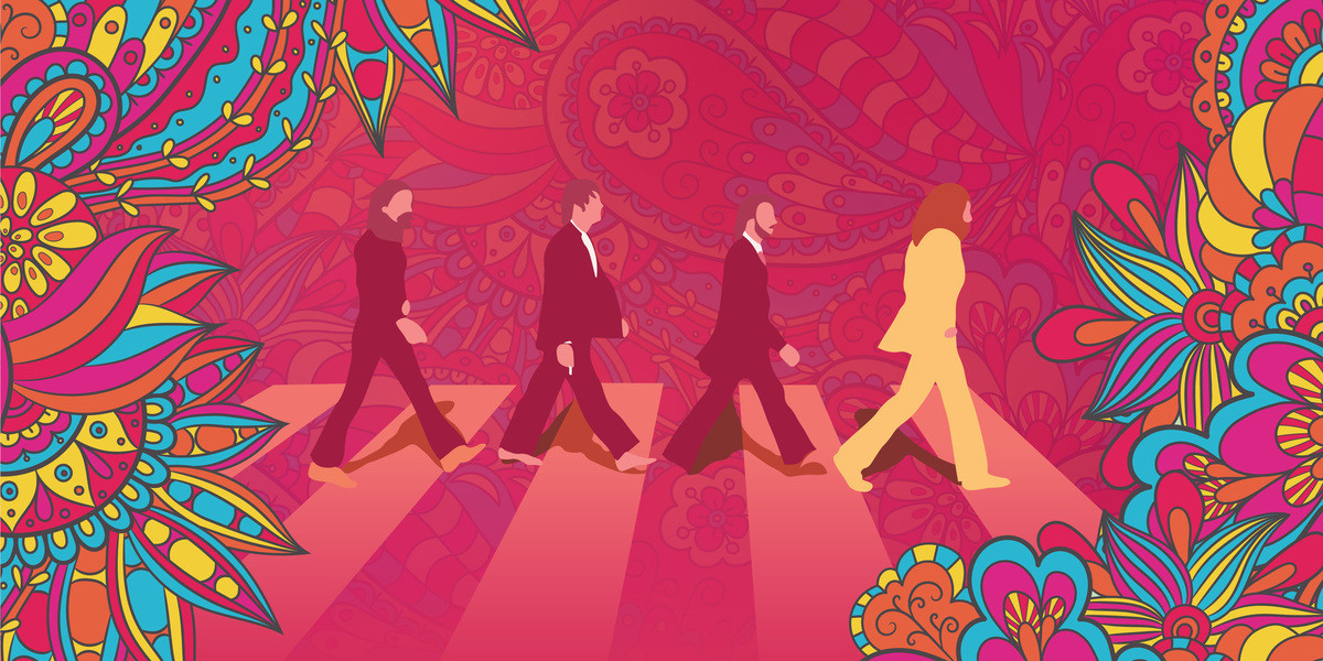 Come Together - The Beatles Rock Show - Graphic design of the band the Beatles crossing the Abbey Road zebra crossing. Pink background and patterned sides.