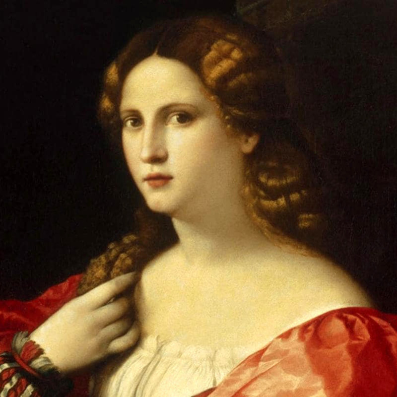 A renaissance painting of a woman with pale skin with a blank expression on her face. She has long brown hair and she is wearing a red dress that sits off the shoulder.