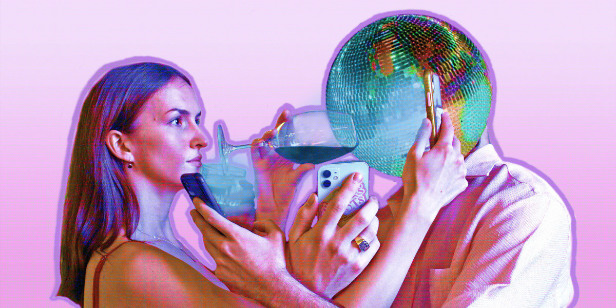 Two people face each other. One, wearing a red dress with brown shoulder-length hair, intently focuses on her phone held in front of her face. The other person, in a long-sleeve pink shirt, holds a glass of red wine for a sip but has a disco ball for a head. Their arms and hands are entangled, creating a mix of drinks and phones. Additionally, there is an extra floating hand between them, holding a phone. The scene is set against a pink background, outlined in a deeper pink. The image exhibits highlights with a purply-pink glow, featuring hints of green and orange subtly highlighted within the disco ball.