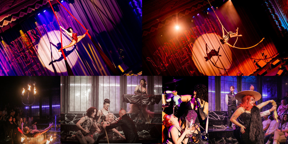 A collage of images with a hula hoop performer, a side show performer and audinece interaction with patrons in a dark Gothic style venue with similar costuming.