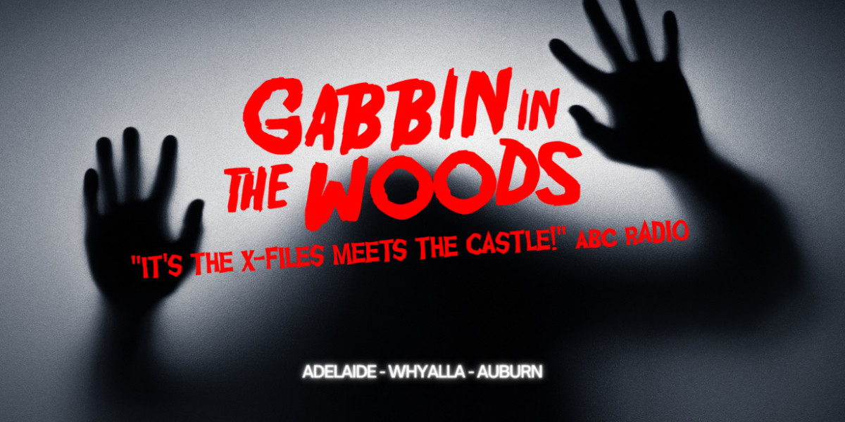 Gabbin in the Woods Podcast - Live! - A silhouette with handsup. Across this it says "Gabbin in the Woods"