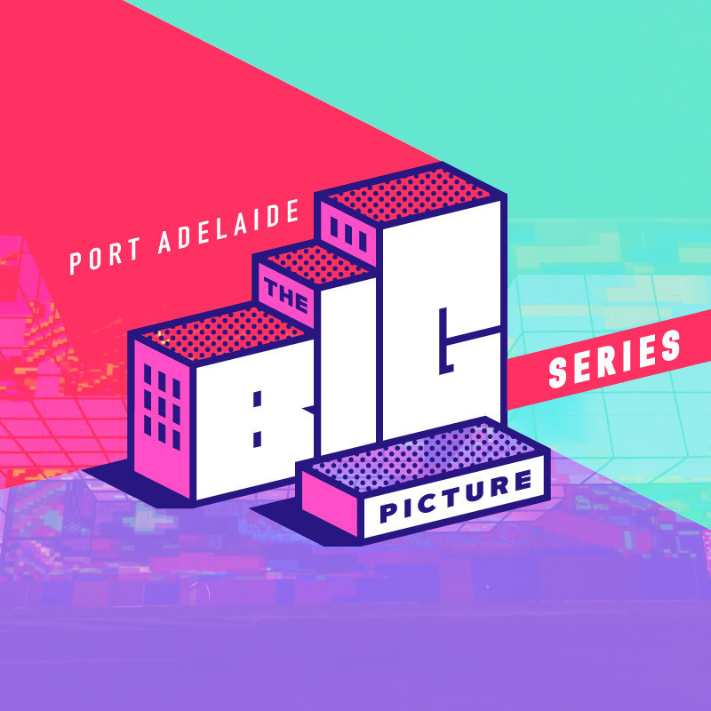 The Big Picture Series in Port Adelaide logo with letters that look like buildings and angled colourful graphics