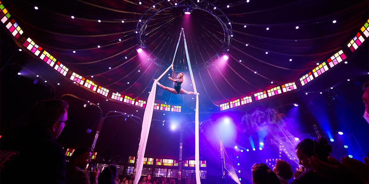 Aerialist female performer holding the splits in mid air.