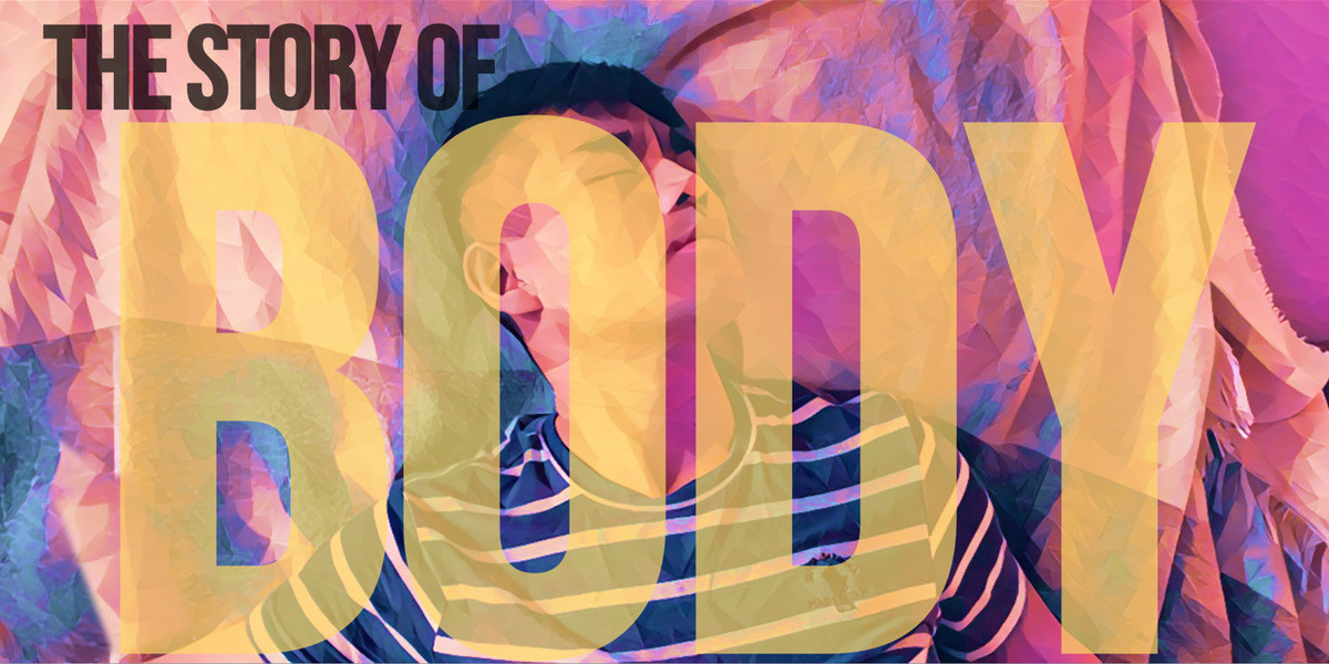 The Story of Body - Big bold font of "The Story of Body" superimposed on a poly art image of a man looking in pain.
