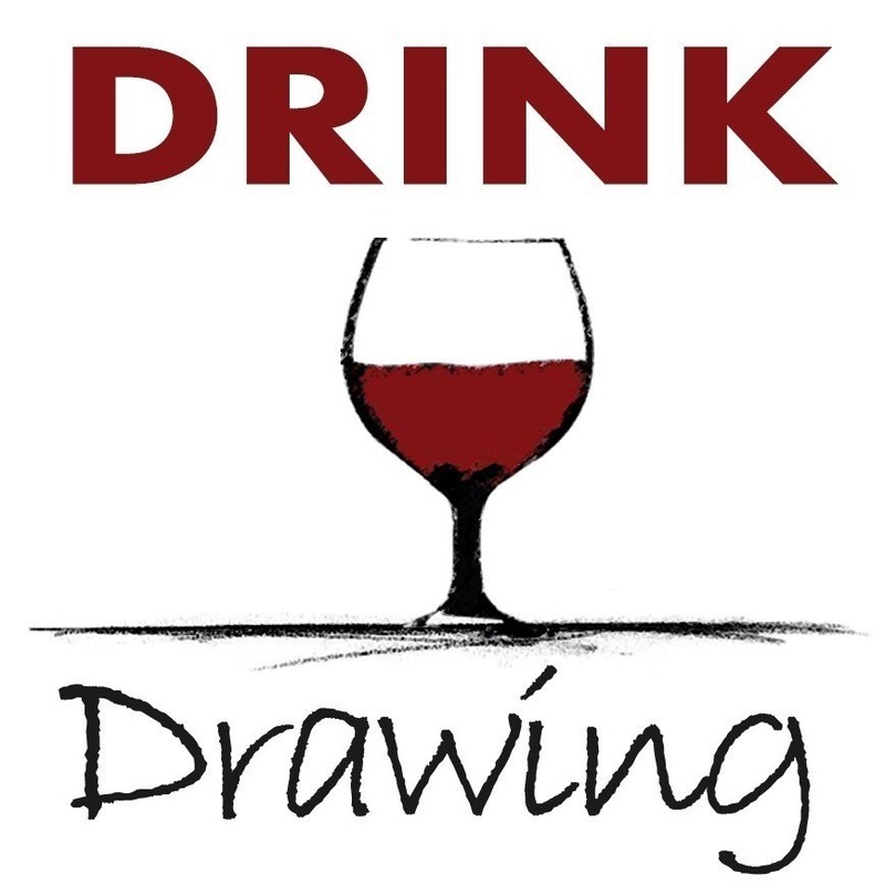 Drink Drawing - An image of a sketch of a wine glass in the middle which is half filled with red wine. There is writing above the glass that reads, ‘Drink’ in red capital letters and ‘Drawing’ in black font below the glass.