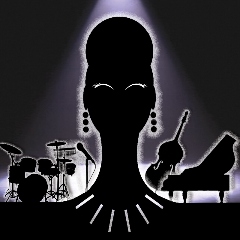 NINA SIMONE - A Musical Life - black sillouette or Nina Simone's head in a bun and 2 tier circle earrings from shoulders up. either side of her neck are to left drums & percussion & microphone sillouette on right side is double bass & grand piano sillouette. All against a purple haze stage light shooting down from centre of image.