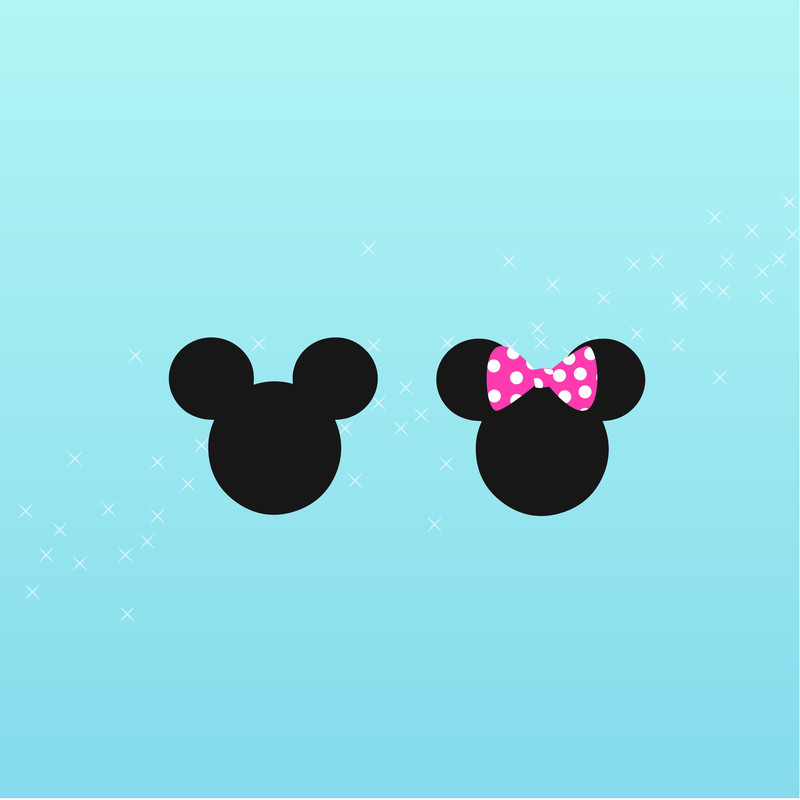 Two mouse silhouettes, one with a pink bow, are in front of a light blue background