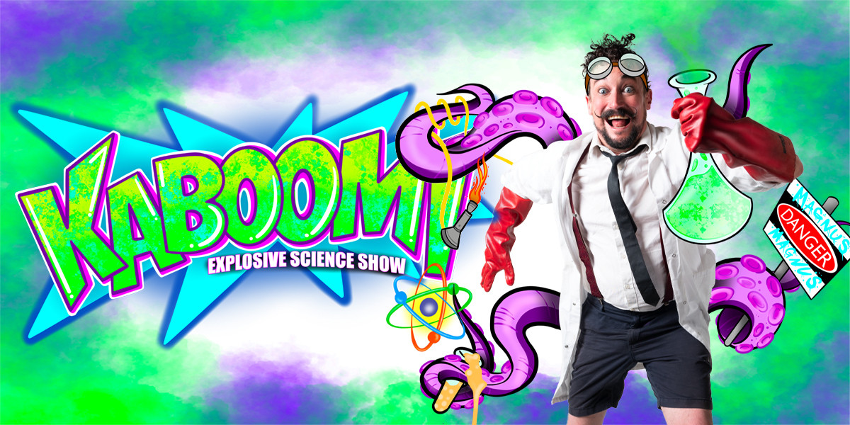 Scientist in lab coat jumping towards the camera with purple tentacles coming out from behind him. Next to show logo 'KABOOM'