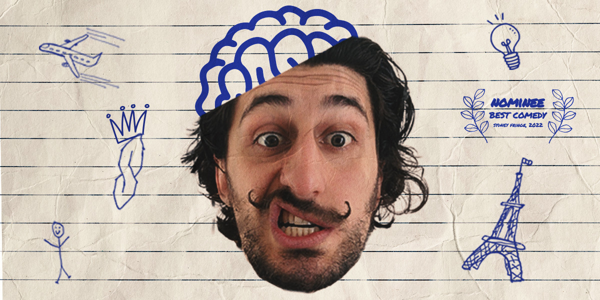 A cut out of a mans face is surrounded by small sketches of a stick figure, plane, Eifel tower and a light bulb. He also has a sketch of his brains falling from his head. This is all on a crumpled note paper.