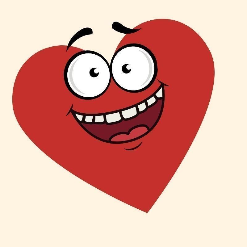 Love 2 Laugh - A graphic illustration of a red love heart with big eyes and a smiling mouth.