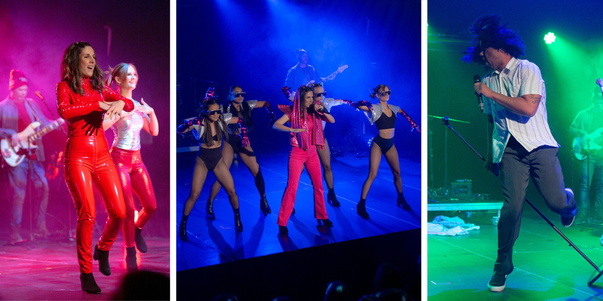 From left to right, we have a women dressed as Britney Spears in a red leather skin tight jumpsuit, mid dance. In the middle we have 5 women dressed in space-themed outfits and dancing. Third picture is a man mid dance move, leg wrapped around his microphone stand