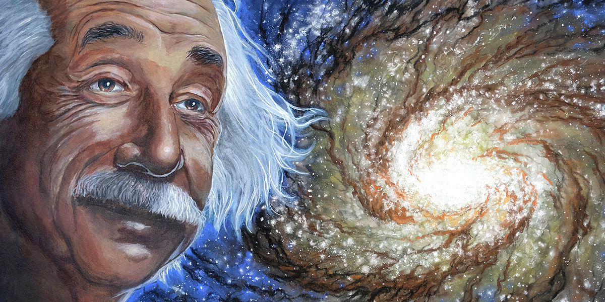 Staricature - Painting of Albert Einstein, in the background is a swirling galaxy