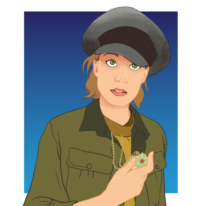 Eleanor drawn in the cartoon style of Disney’s 'Anastasia' poster. She is wearing a grey hat, khaki jacket, and holding the pendant of her necklace in her hand.