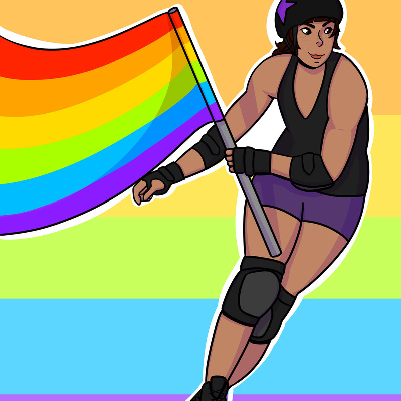 The BIG Gay Bout - A graphic illustration of a person roller-skating in a black singlet and purple shorts. They are wearing a helmet as well as protective gear on their elbows, wrists and knees. The person is holding a rainbow LGBTQI+ flag which features six horizontal stripes in red, orange, yellow, green, blue and purple.