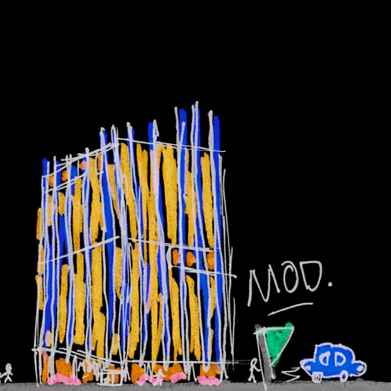 Science on the Streets - A hand drawn image scanned onto a computer depicting the MOD. building with blue and orange highlights as well as a car.
