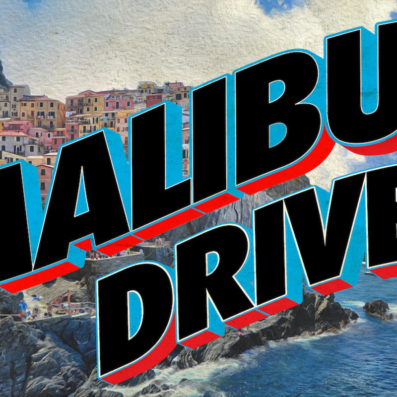 Logo for Malibu Drive, 3-d Image overlaid on a background of houses on a hillside