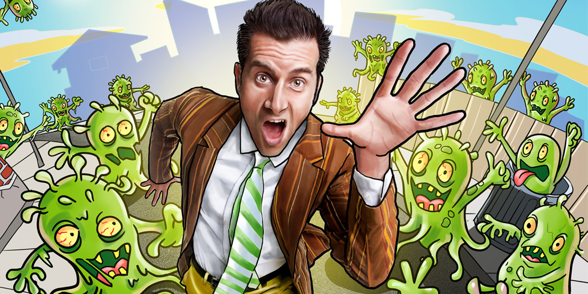 Mr Snotbottom vs The Zombie Boogers: The Science of Snot! - silly looking man with colourful outfit running from slimy, gooey zombie boogers in a neighbourhood street