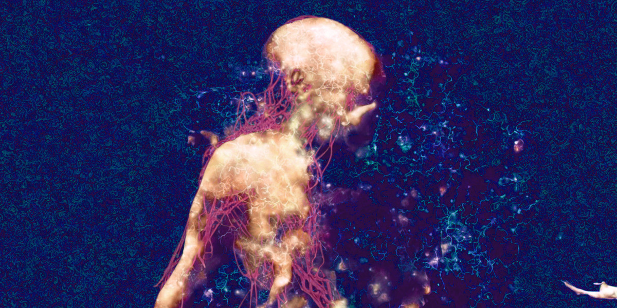 METAHUMAN - An abstracted image of a fleshy human form with red vein-like tubes running over their body, covered in mechanical looking textures and organic shapes, silhouetted on a mottled blue background with dappled green textures.