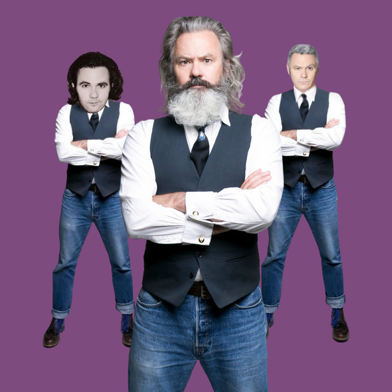 Paul McDermott +1 - Three men facing the camera with a smouldering look on their faces and crossed arms, on a purple background. They are all wearing black boots, blue jeans, white long sleeved shirt and a black vest with a tie.