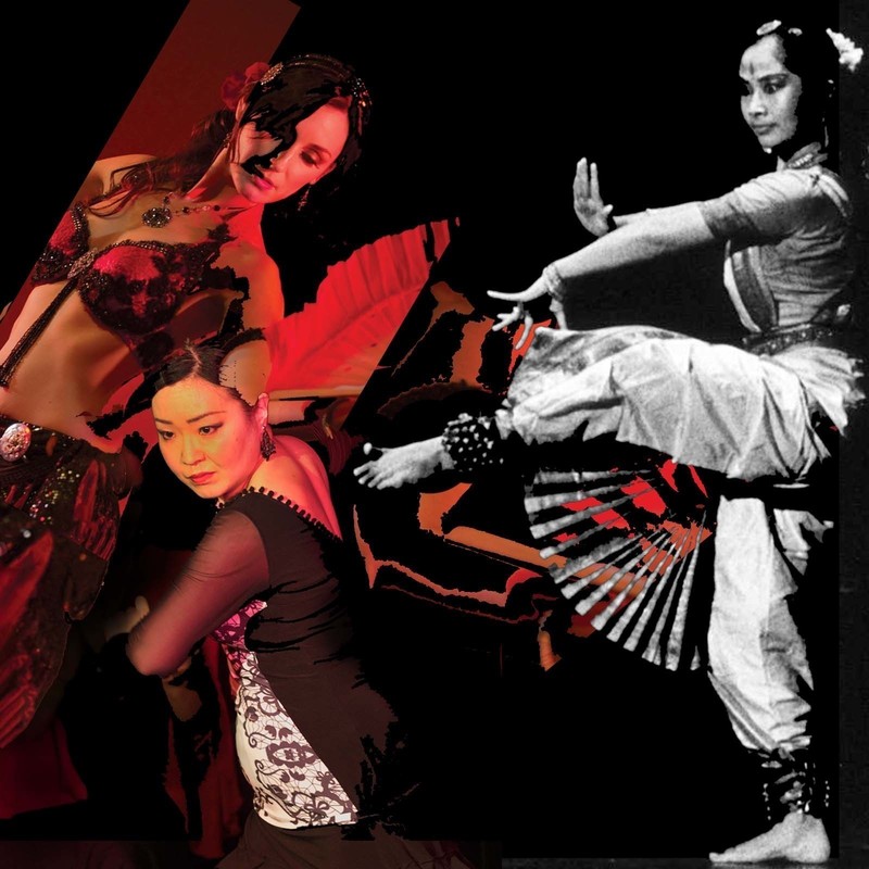 Images of a belly dancer with a fan, a flamenco dancer draped in a shawl and an Indian Dancer with one leg uplifted.