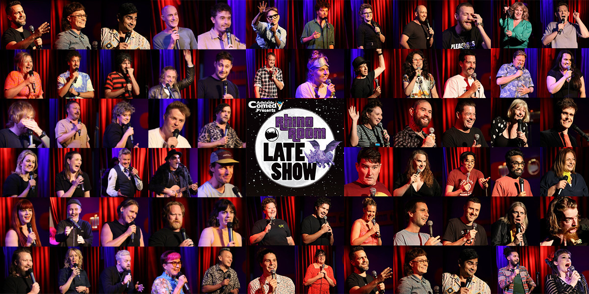 Around 60 pictures of the 80 + comedians who played last year in 2023 at the Rhino Room Late Show.