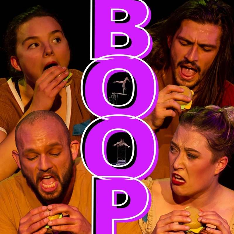 4 friends react with silly facial expressions to mini burgers.
Big Purple BOOP is written vertically down the centre
Inside the “O’s” of BOOP are two images: a handstand and a person swimming