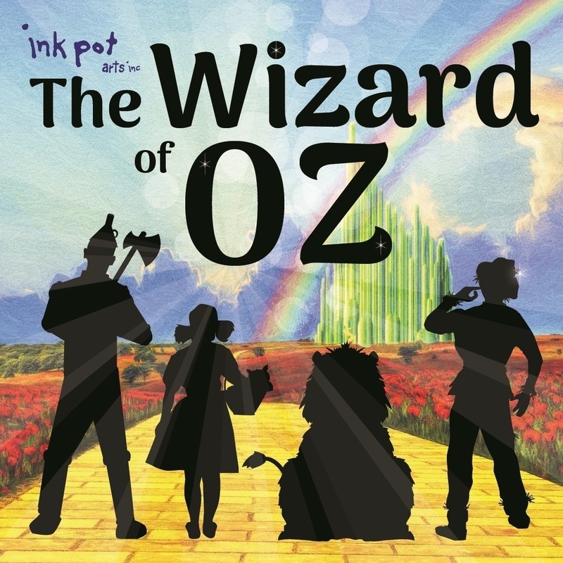 The Wizard of Oz - A yellow brick road, black shadows of characters from Wizard of Oz storyline looking over the emerald city