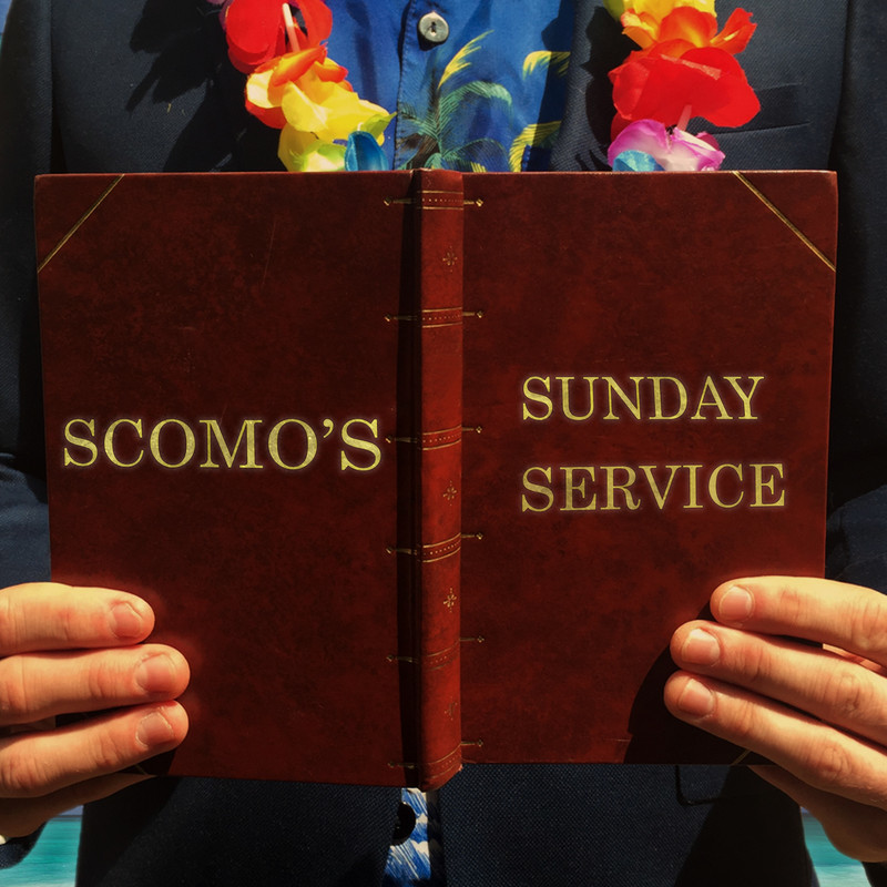 ScoMo's Sunday Service - A man in suit and Hawaiian Shirt hold a bible that with the title "ScoMo's Sunday Service"